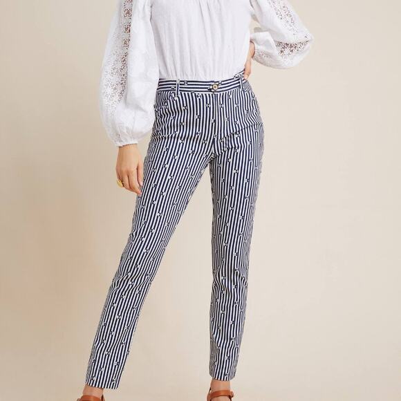 Anthropologie Blue & White Slim Trousers with Embroidery - Picture 2 of 16